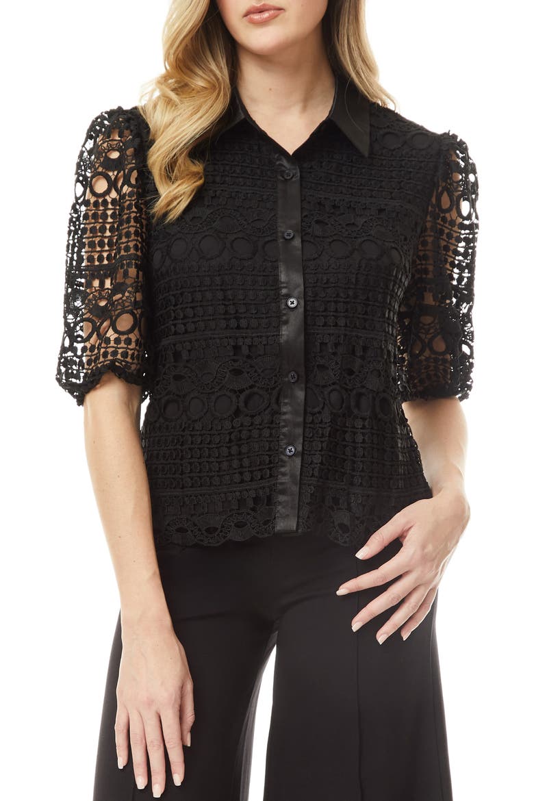 Brianna Lace Puff Sleeve Button-Up Top, Main, color, BLACK
