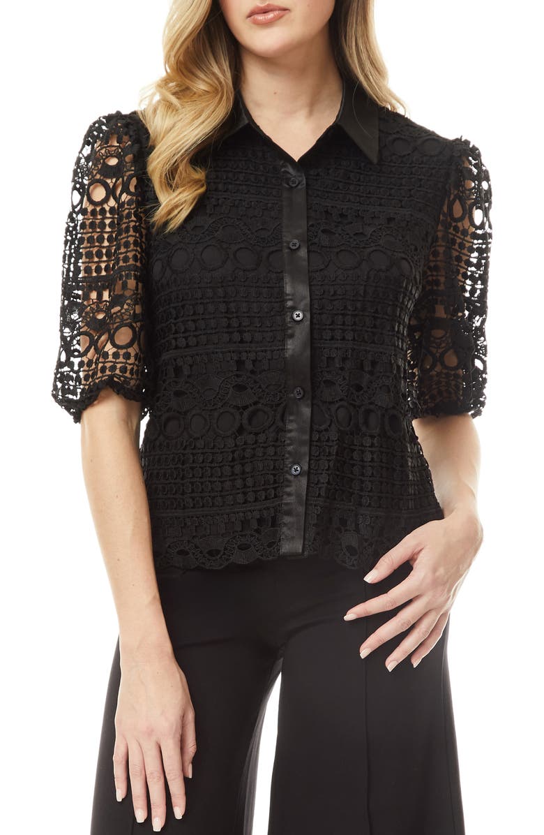 BY DESIGN Brianna Lace Puff Sleeve Button-Up Top, Main, color, Black