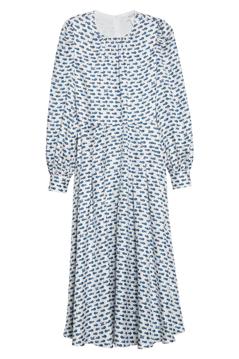 Pareo Fish Print Long Sleeve Silk Fit & Flare Dress, Alternate, color, OPTICAL WHITE