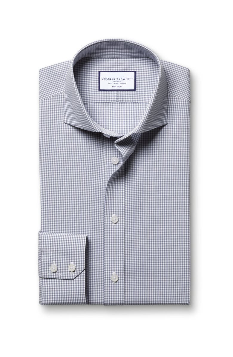Charles Tyrwhitt Non-Iron Poplin Mini Gingham Check Cutaway Slim Fit Shirt Single Cuff, Alternate, color, Light Grey