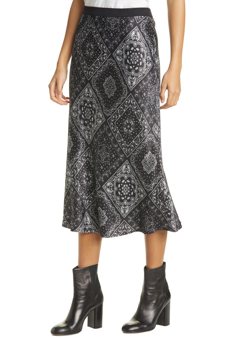 Berlin Satin Midi Skirt, Alternate, color, MIDNIGHT BANDANA