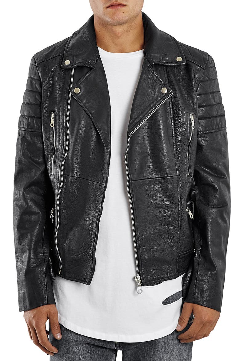 Washed Leather Moto Jacket with Waist Belt, Main, color, BLACK