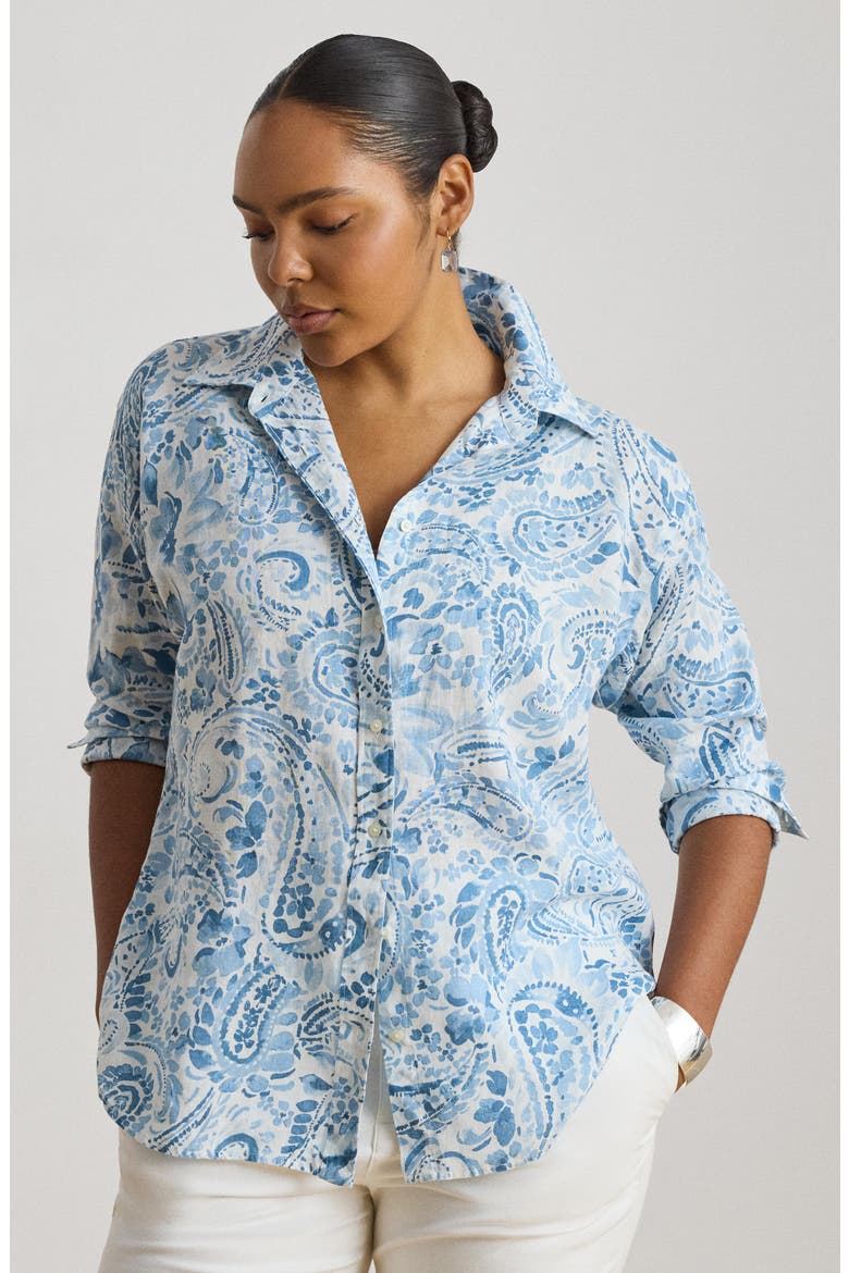Paisley Print Linen Button-Up Shirt, Alternate, color, WHITE/ BLUE