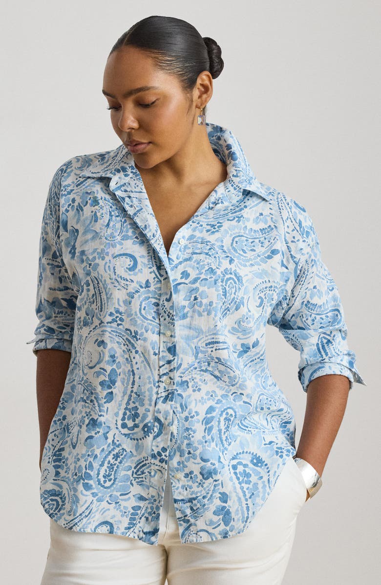 Lauren Ralph Lauren Paisley Print Linen Button-Up Shirt, Alternate, color, White/ Blue
