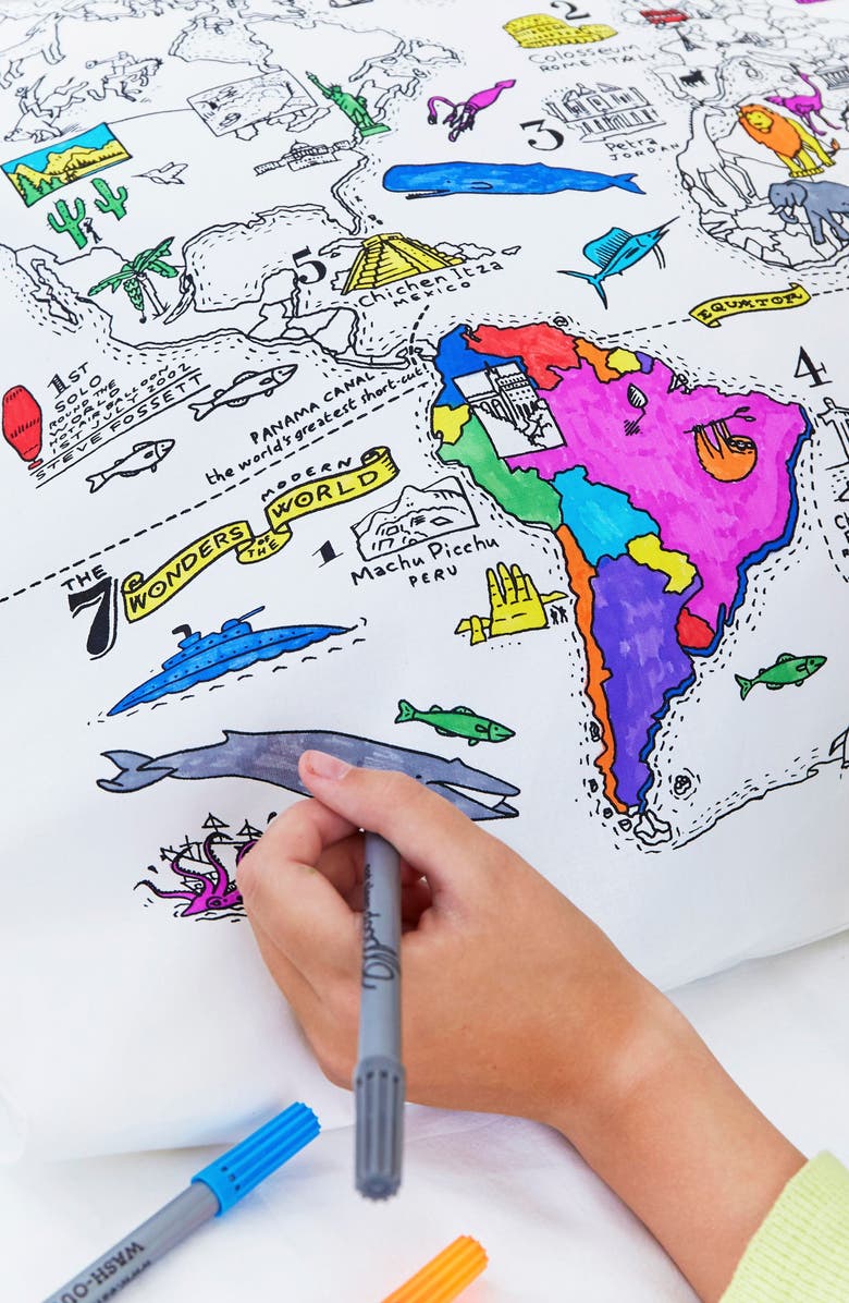 Eat Sleep Doodle Color Your Own Pillowcase World Map, Alternate, color, White