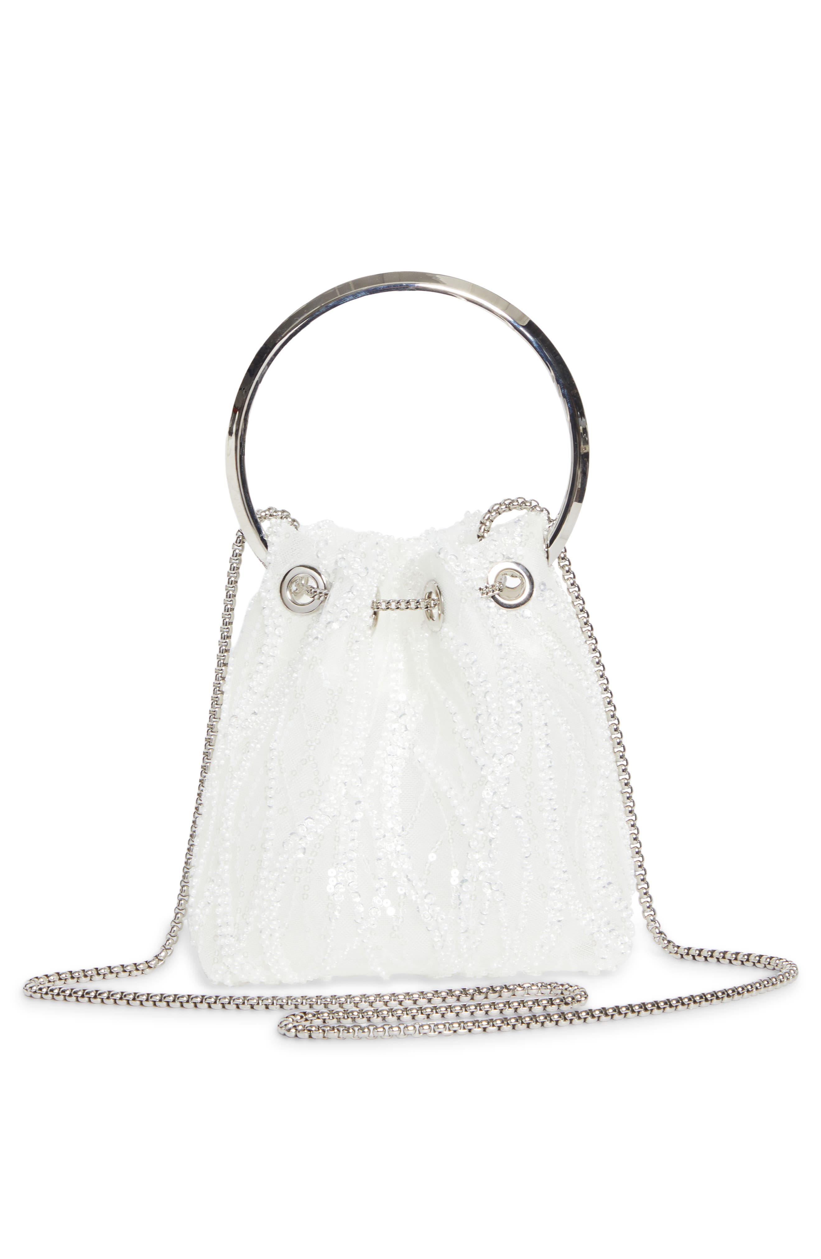 Jimmy Choo Bon Bon Sequin Mesh Pouch, Alternate, color, Ivory/ Silver