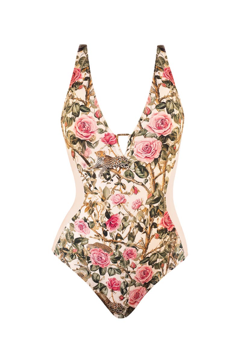 TA3 Mega Sculpting Plunge Neck Triangle Detail One-Piece Swimsuit, Main, color, Contour Pink Rose Leopard