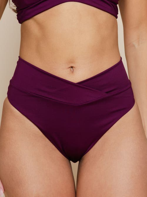 Kitty And Vibe High Hip Crossover Bikini Bottom With Full Coverage In Sangria