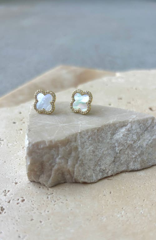 Adornia 14k Gold Plated Mother Of Pearl Halo Cz Clover Stud Earrings In Gold