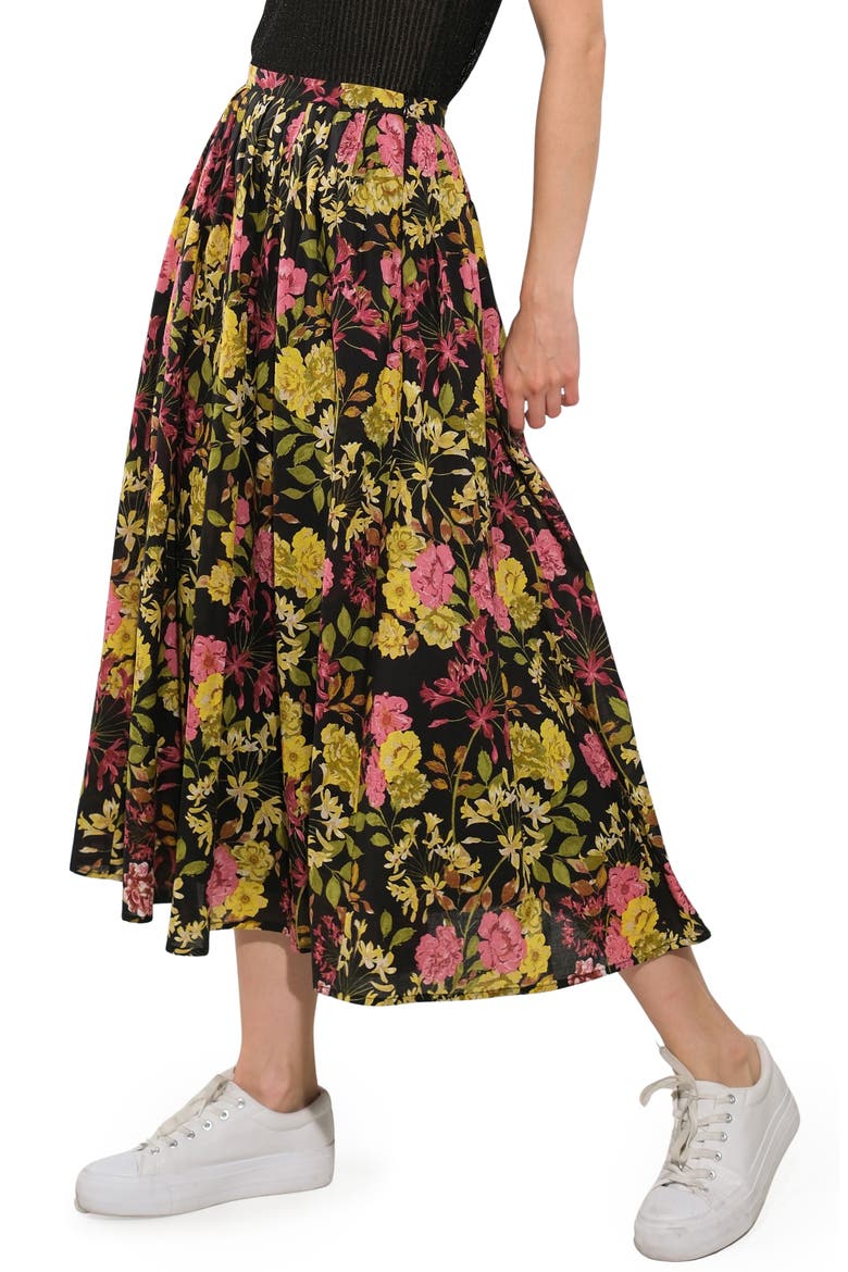 Floral Pleated Midi Skirt, Alternate, color, BLACK