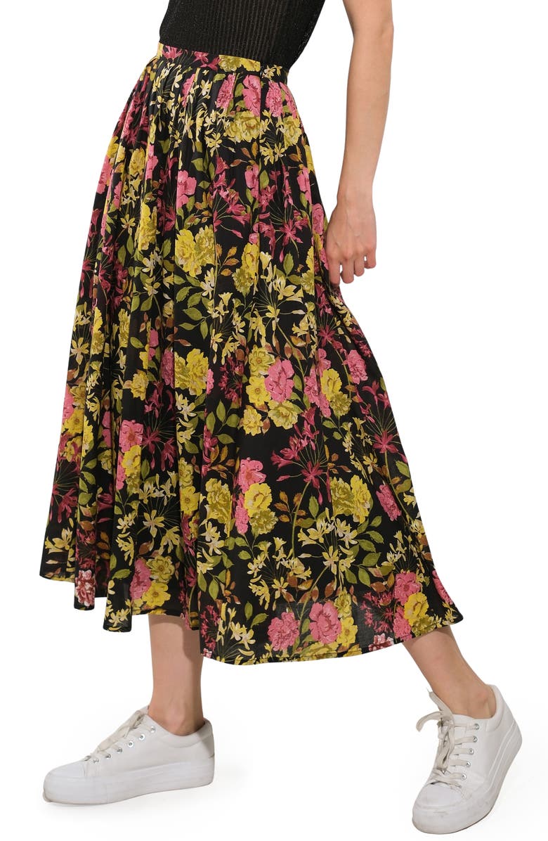 FREEMARKET Floral Pleated Midi Skirt, Alternate, color, Black
