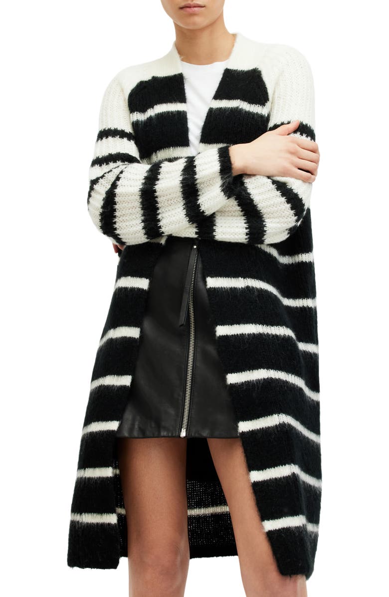 AllSaints Lou Long Open Front Cardigan, Main, color, Black/ White