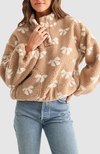Lush Bow High Pile Fleece Pullover In Brown