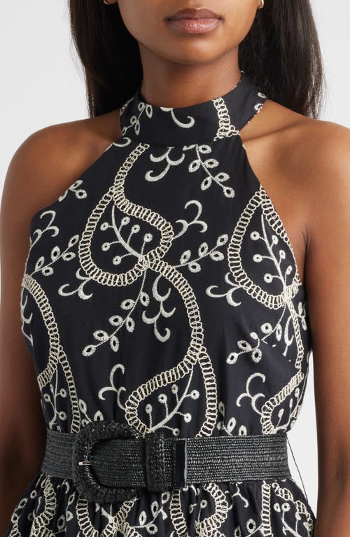 Anne Klein Embroidered Belted Cotton Midi Dress