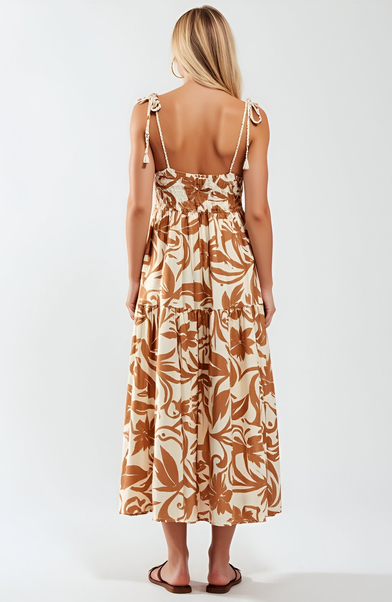 Modenaire Tropical Print Midi Dress with Crochet Bodice and Tie Shoulder Straps, Alternate, color, 