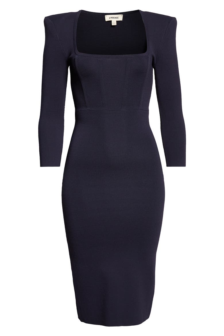 Mary Padded Shoulder Corset Knit Midi Dress, Alternate, color, MIDNIGHT/ GOLD