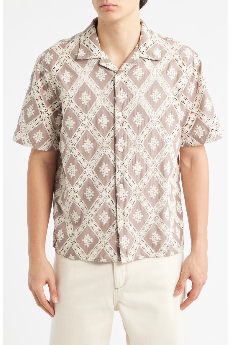 Didcot Diamond Lace Inset Button-Up Camp Shirt, Alternate, color, TAUPE / ECRU