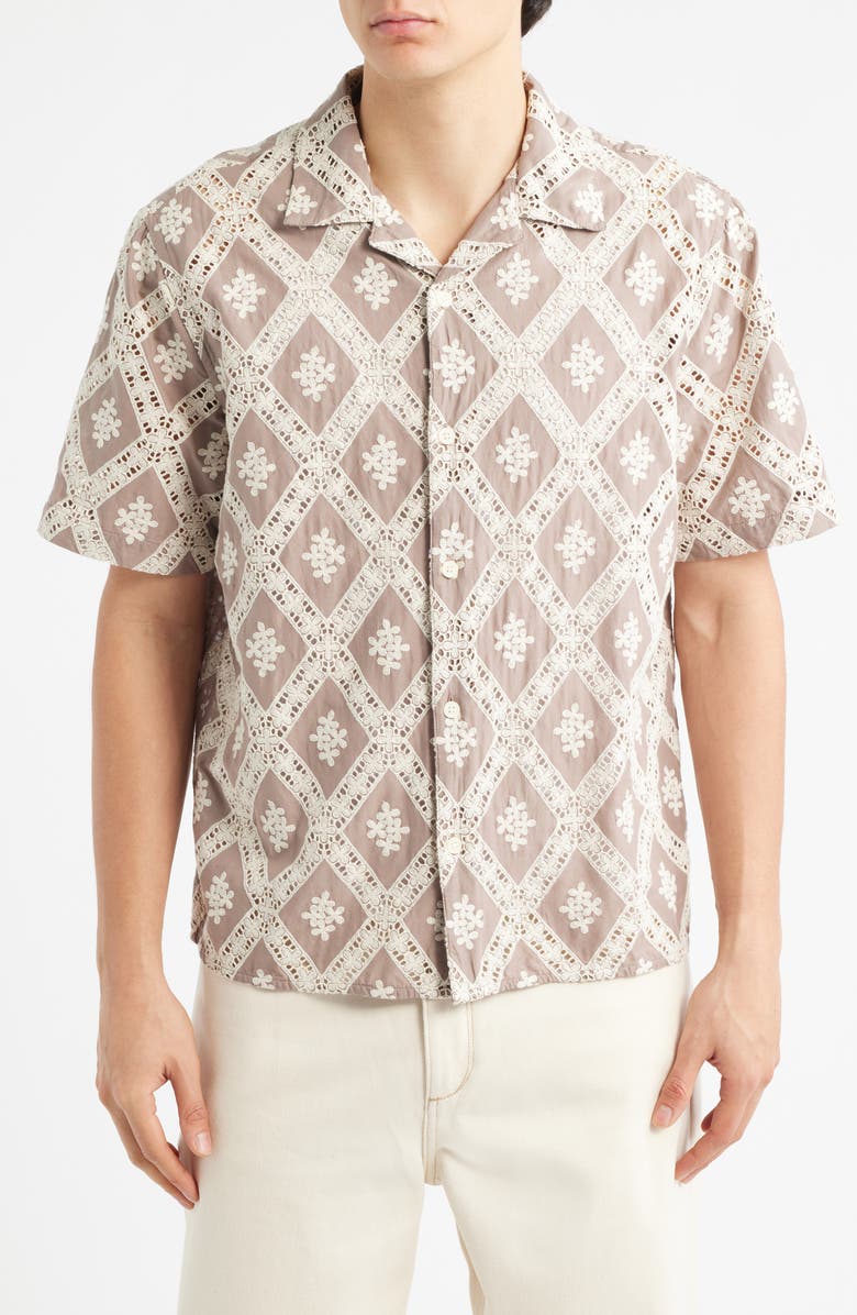 Wax London Didcot Diamond Lace Inset Button-Up Camp Shirt, Alternate, color, Taupe / Ecru