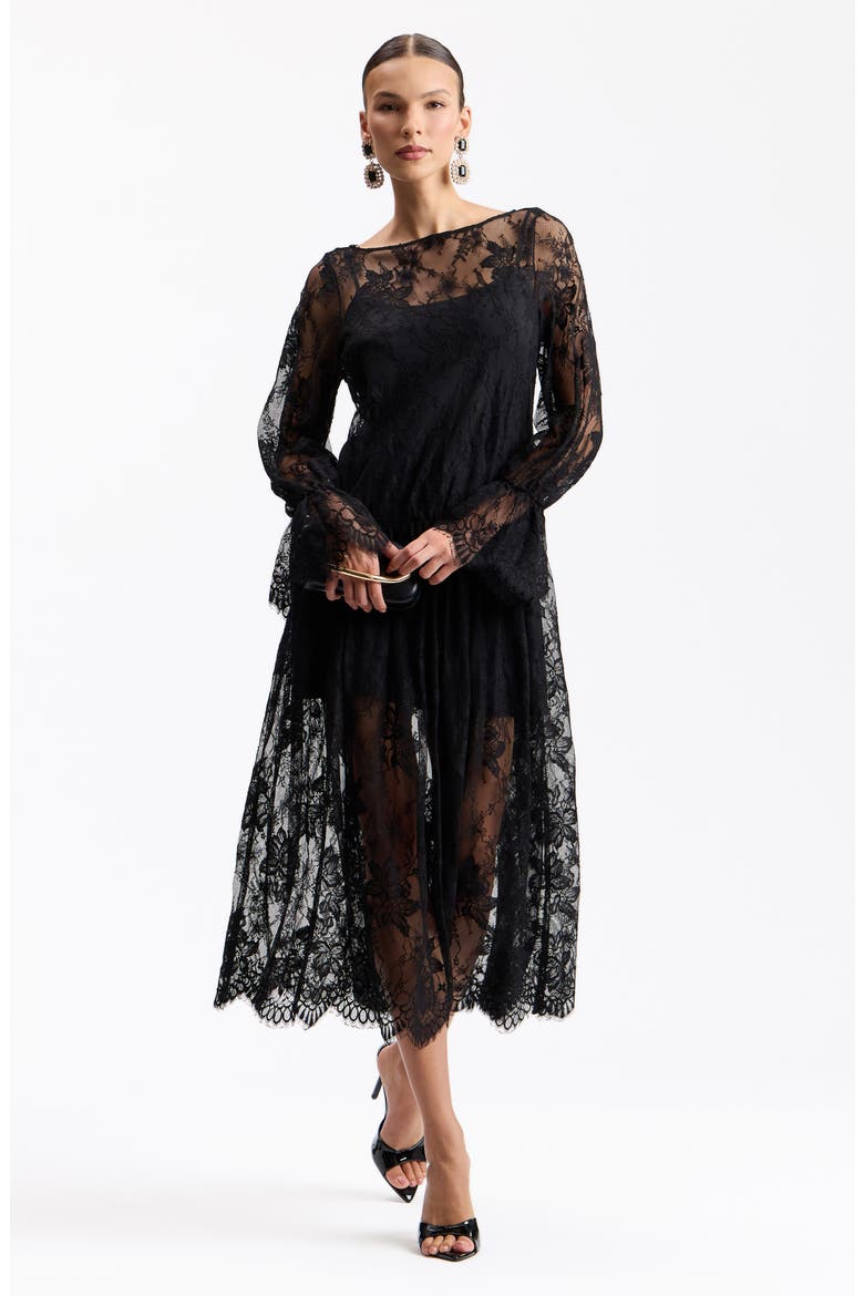 Lace Long Sleeve Drop Waist Midi Dress, Alternate, color, BLACK