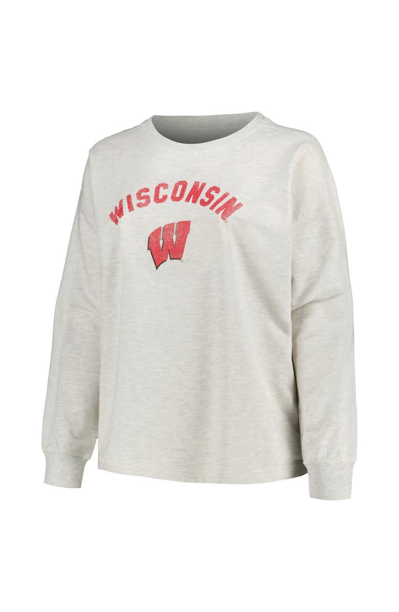 PROFILE Women's Profile Oatmeal Wisconsin Badgers Plus Size Distressed Arch Over Logo Neutral Boxy Pullover Sweatshirt, Alternate, color, Oatmeal