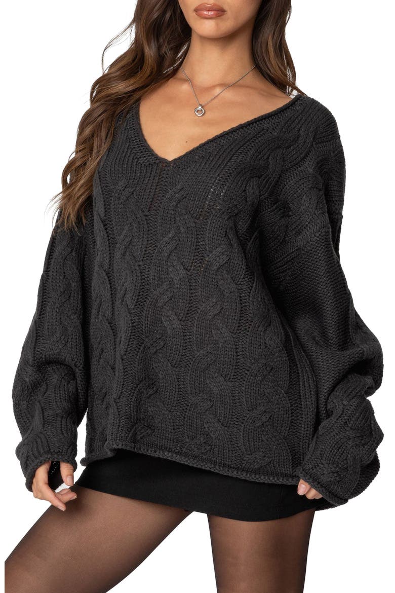 Inga Oversize V-Neck Cable Sweater, Main, color, DARK-GRAY