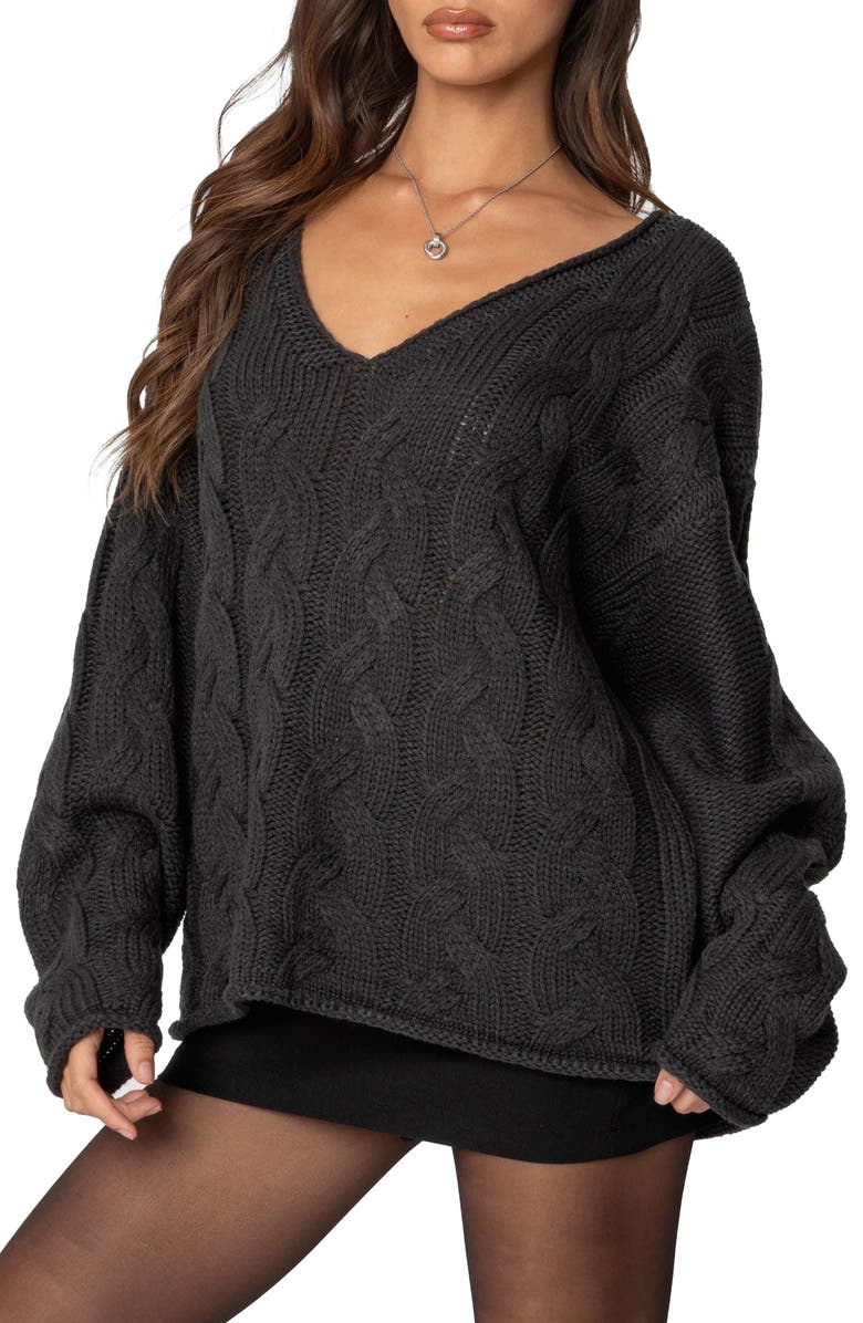 EDIKTED Inga Oversize V-Neck Cable Sweater, Main, color, Dark-Gray