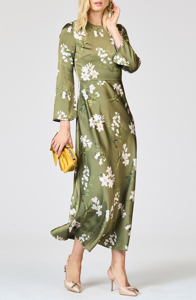 Sachin & Babi Tyra Floral Long Sleeve Satin Midi Dress, Main, color, Moss Formosa