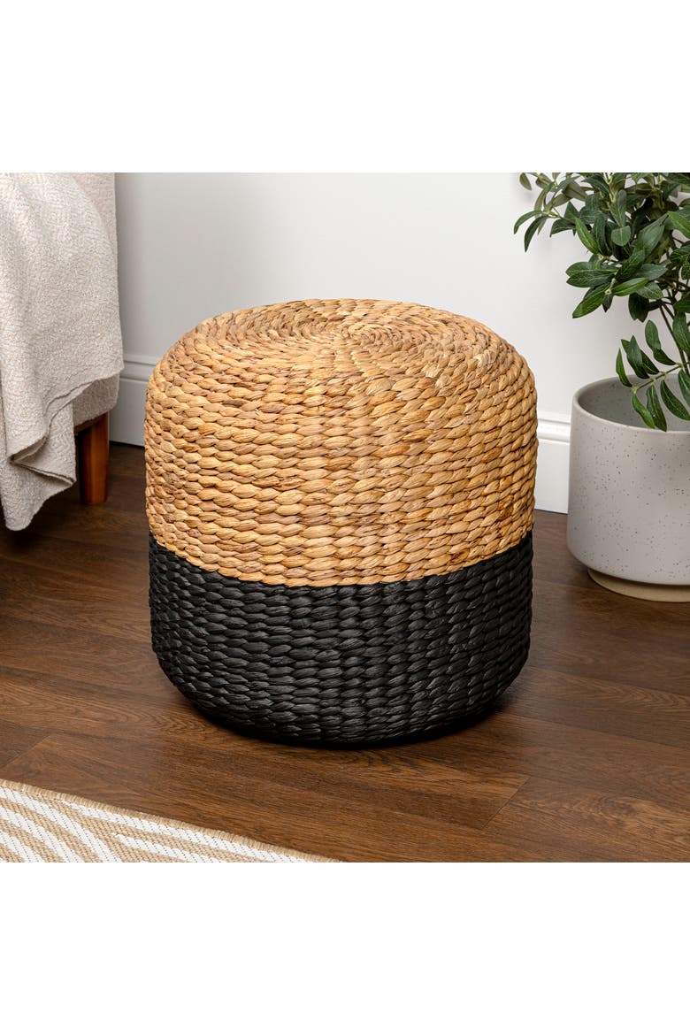 Aimee Bohemian Handwoven Water Hyacinth Round Floor Pouf Ottoman Accent Seat and Footstool for Living Room, Alternate, color, Black/Natural