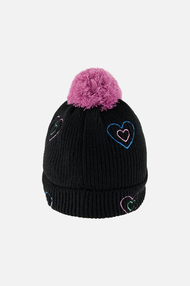 Winter Embroidered Heart Fleece-Lined Pompom Knit Hat, Alternate, color, Black, Mauve and Blue