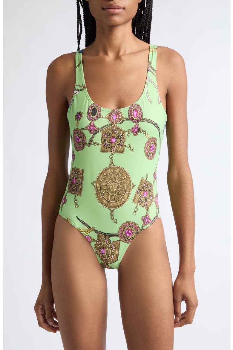 Broken Jewels Print One-Piece Swimsuit, Main, color, PISTACHIO AZUR GOLD