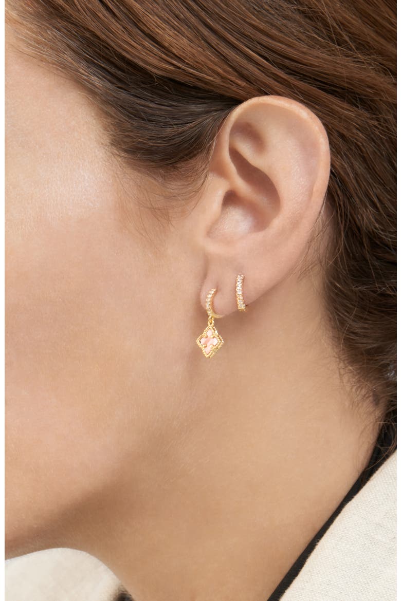 Swarovski Crystal Huggie Mother-of-Pearl Quatrefoil Drop Earrings Set, Alternate, color, PINK