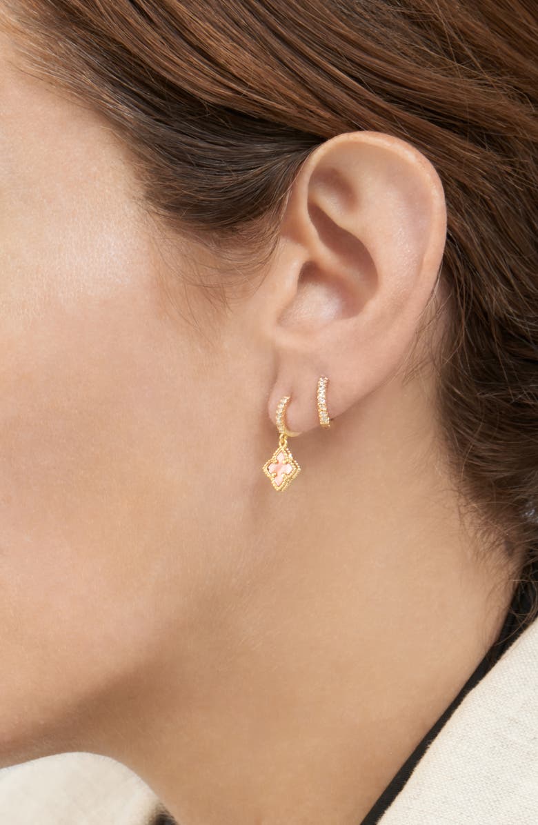 Adornia Swarovski Crystal Huggie Mother-of-Pearl Quatrefoil Drop Earrings Set, Alternate, color, Pink