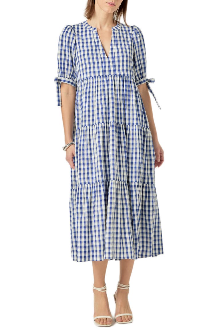 Checkered Tiered Midi Dress, Main, color, NAVY