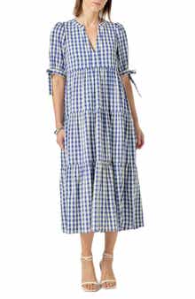 English Factory Checkered Tiered Midi Dress