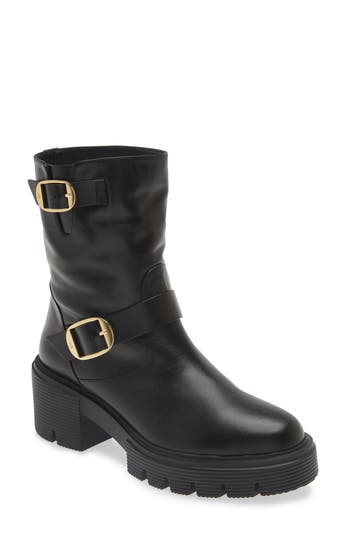 Stuart Weitzman Soho Moto Bootie In Black Smooth Calf
