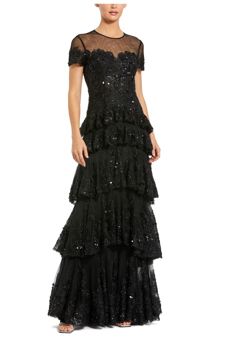 Mac Duggal Short Sleeve Tiered Mesh Gown With Embellishments, Main, color, Black
