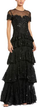 Mac Duggal Short Sleeve Tiered Mesh Gown With Embellishments