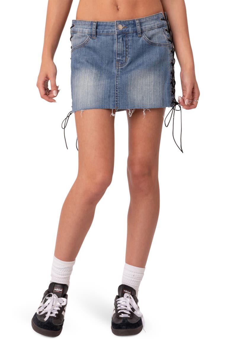 Denim Lace-Up Miniskirt, Main, color, BLUE-WASHED
