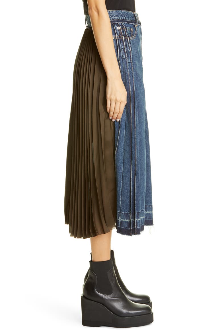 Split Pleated Denim Skirt, Alternate, color, BLUE/ KHAKI