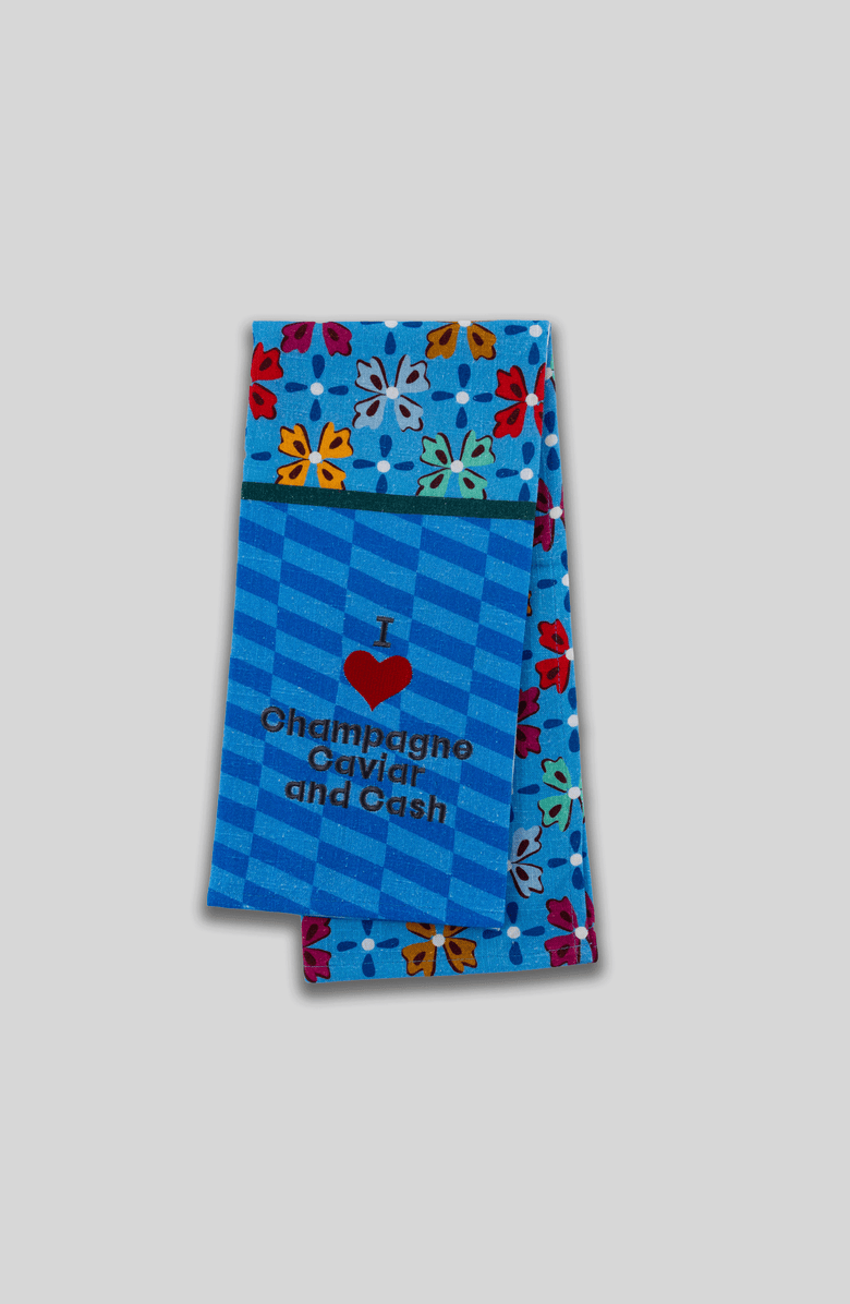 Furbish I Love Champagne Caviar and Cash Dish Towel, Main, color, Blue
