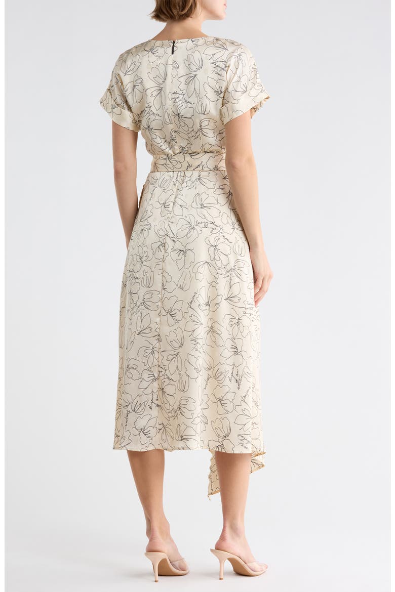 Floral Short Sleeve Satin Midi Dress, Alternate, color, BISQUE/ BLACK