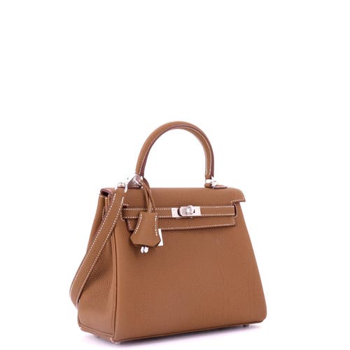 Pre-owned Hermes  Hermes Kelly Handbag Brown Togo With Brushed Palladium Hardware 25 In Gold