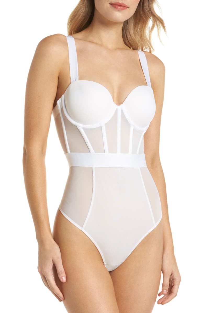 DKNY Sheers Strapless Underwire Bodysuit, Alternate, color, White