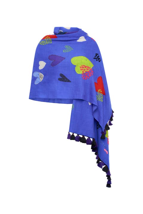 Printed And Embroidered Scarf With Tassels with heart motifs