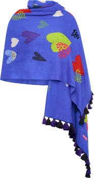 Maison Common Printed And Embroidered Scarf With Tassels with heart motifs