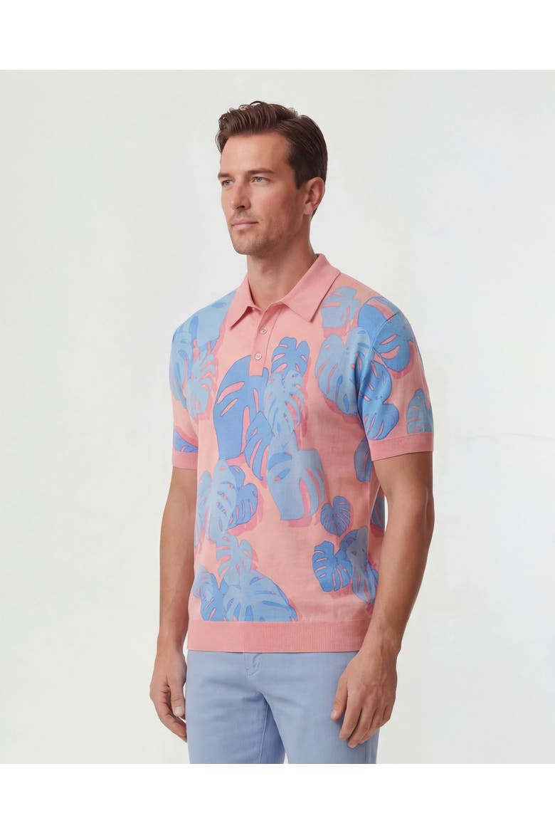 Monstera Floral Mens Merino Silk Cashmere Polo, Alternate, color, MONSTERA FLORAL CORAL