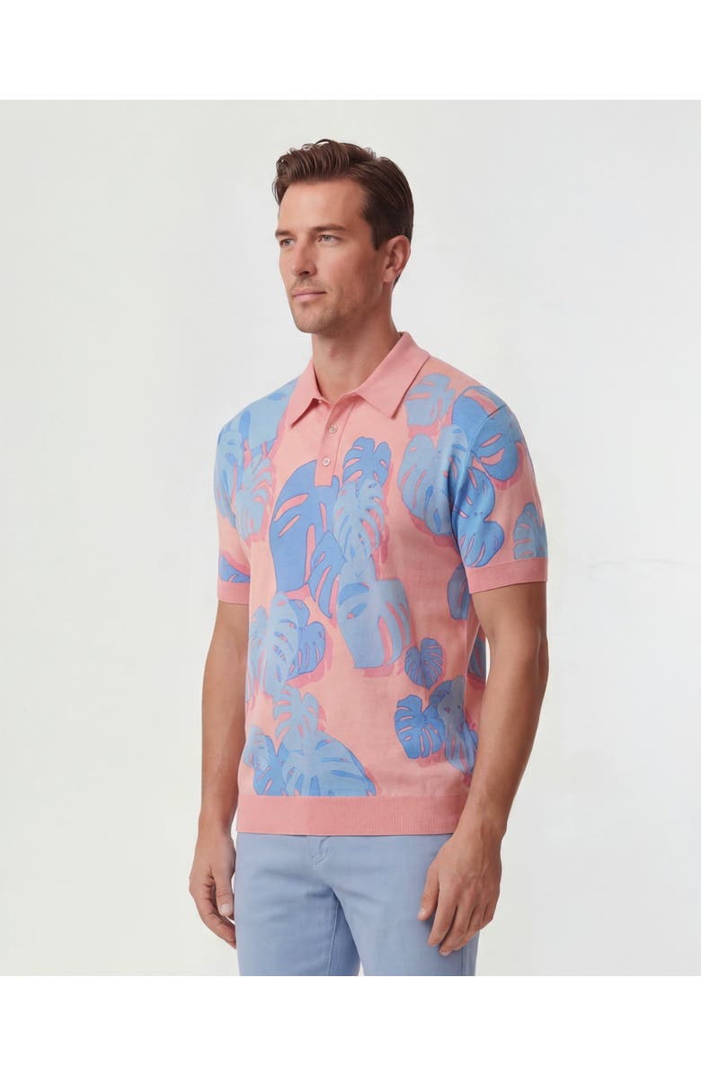 Lords of Harlech Monstera Floral Mens Merino Silk Cashmere Polo, Alternate, color, Monstera Floral Coral