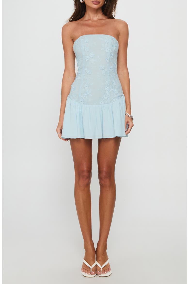 Envie Floral Appliqué Strapless Minidress, Main, color, BLUE