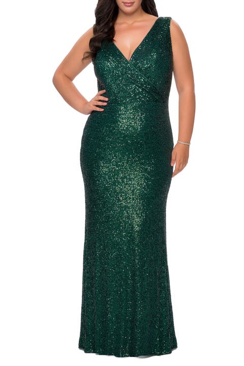 Long Sequin Plus Size Gown with V-Neck