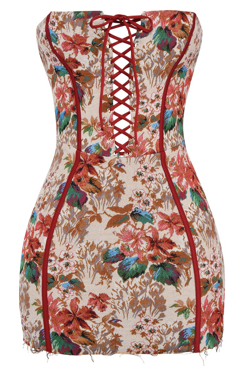Floral Jacquard Strapless Corset Minidress, Alternate, color, BEIGE MULTICOLOR